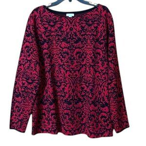 J. Jill Red Black Damask Long Sleeve Boatneck Knit Pullover Sweater NEW LG Tall